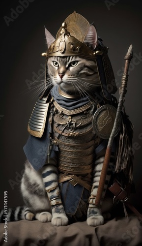 Majestic Animal Egyptian Mau Shogun in Samurai Armor: A Depiction of Japanese Culture, Armor, Feudal Japan, Bushido, Warrior, Castle, Shogun, Feudal Lord, Ronin (generative AI)