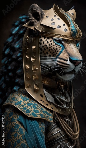 Majestic Animal Jaguar Shogun in Samurai Armor: A Depiction of Japanese Culture, Armor, Feudal Japan, Bushido, Warrior, Castle, Shogun, Feudal Lord, Ronin (generative AI)