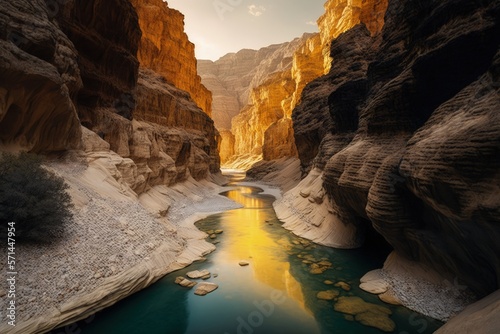 Wadi Mujib's river canyon is stunningly colored with golden light. Wadi Mujib is situated in Jordan's Dead Sea region. Generative AI photo