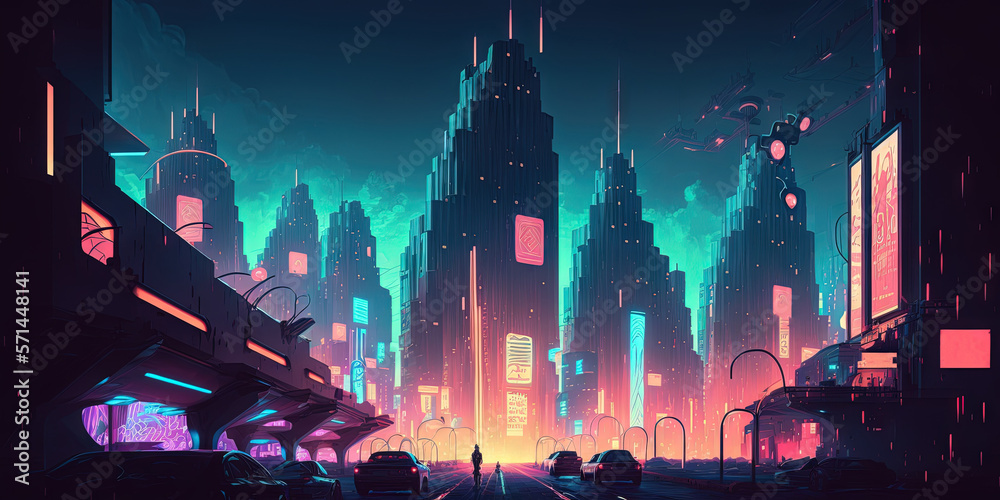 An illustration by Octane depicting a cyberpunk, futuristic metropolis ...