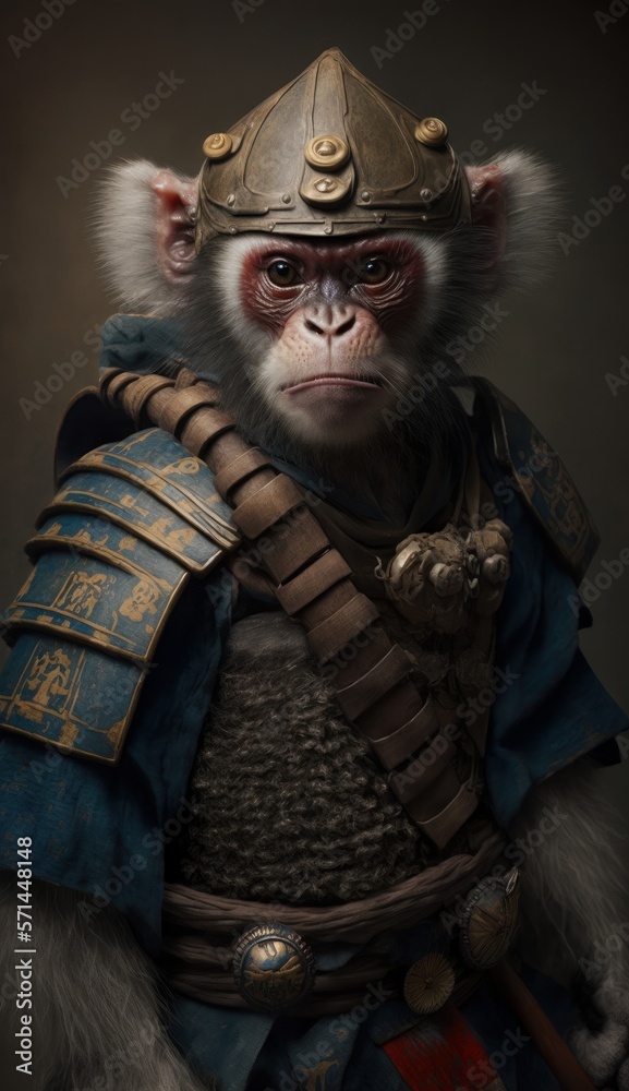 Majestic Animal Monkey Shogun in Samurai Armor: A Depiction of Japanese Culture, Armor, Feudal Japan, Bushido, Warrior, Castle, Shogun, Feudal Lord, Ronin (generative AI)