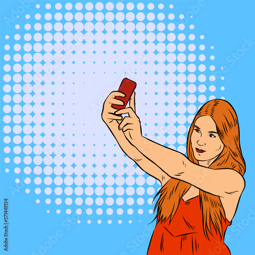 Vintage Glamour: Vector Pin Up Art of Woman Taking Selfie with Polkadot Background