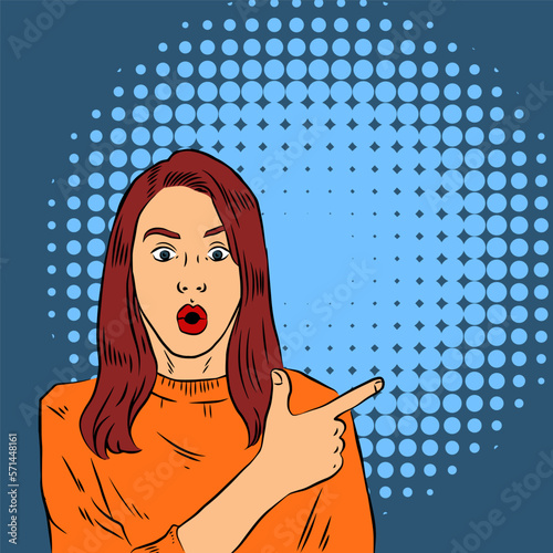 Female Pop art retro with finger pointing. Pin up  surprised woman.