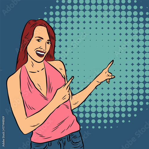Female Pop art retro with finger pointing. Pin up  surprised woman.