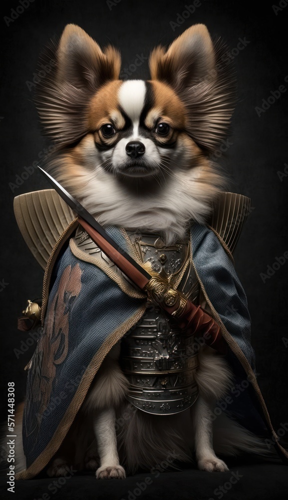 Majestic Animal Papillon Shogun in Samurai Armor: A Depiction of Japanese Culture, Armor, Feudal Japan, Bushido, Warrior, Castle, Shogun, Feudal Lord, Ronin (generative AI) Majestic Animal Papillon Shogun in Samurai Armor: A Depiction of Japanese Culture, Armor, Feudal Japan, Bushido, Warrior, Castle, Shogun, Feudal Lord, Ronin (generative AI)