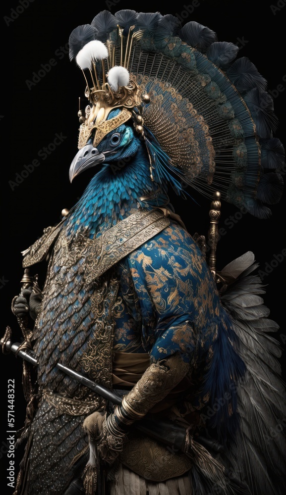 Majestic Animal Peacock Shogun in Samurai Armor: A Depiction of Japanese Culture, Armor, Feudal Japan, Bushido, Warrior, Castle, Shogun, Feudal Lord, Ronin (generative AI)