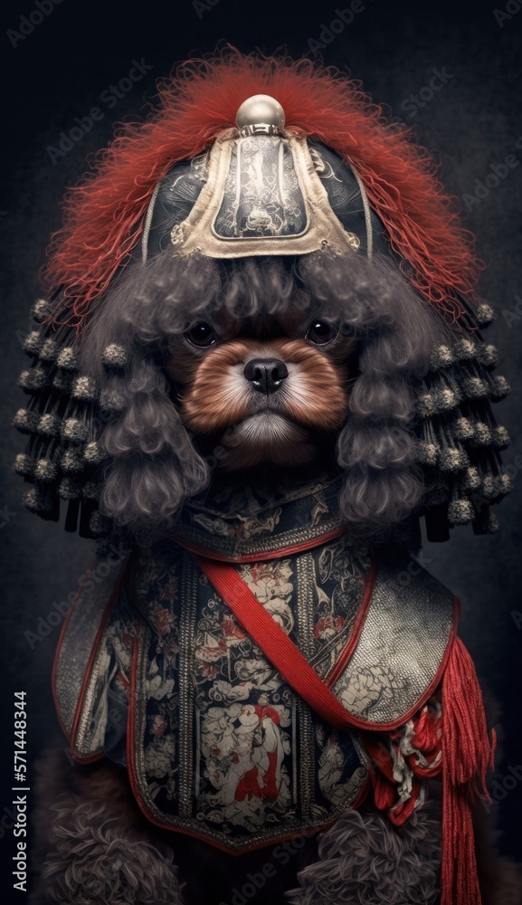 Majestic Animal Poodle Shogun in Samurai Armor: A Depiction of Japanese Culture, Armor, Feudal Japan, Bushido, Warrior, Castle, Shogun, Feudal Lord, Ronin (generative AI)