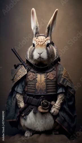 Majestic Animal Rabbit Shogun in Samurai Armor: A Depiction of Japanese Culture, Armor, Feudal Japan, Bushido, Warrior, Castle, Shogun, Feudal Lord, Ronin (generative AI)
