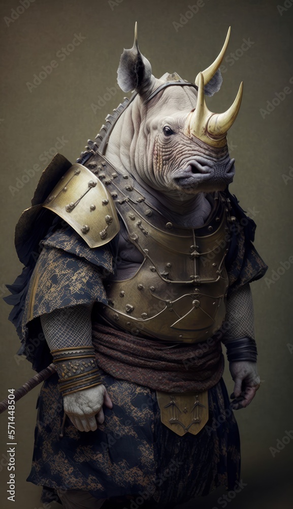 Majestic Animal Rhinoceros Shogun in Samurai Armor: A Depiction of ...