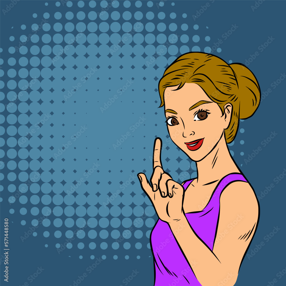 Female Pop art retro with finger pointing. Pin up surprised woman. Female Pop art retro with finger pointing. Pin up surprised woman.