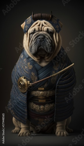 Majestic Animal Shar Pei Shogun in Samurai Armor: A Depiction of Japanese Culture, Armor, Feudal Japan, Bushido, Warrior, Castle, Shogun, Feudal Lord, Ronin (generative AI)