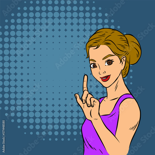 Female Pop art retro with finger pointing. Pin up  surprised woman.