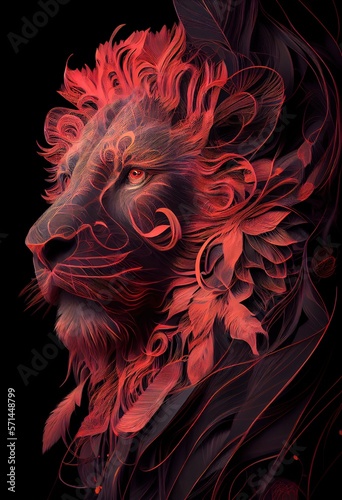 Abstract ornate portrait of a gorgeous lion. Generative art