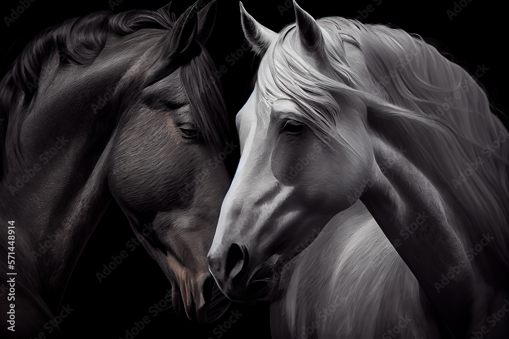 Black horse and white horse touching touching each other with head ...