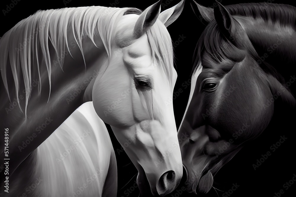 Black horse and white horse touching touching each other with head ...
