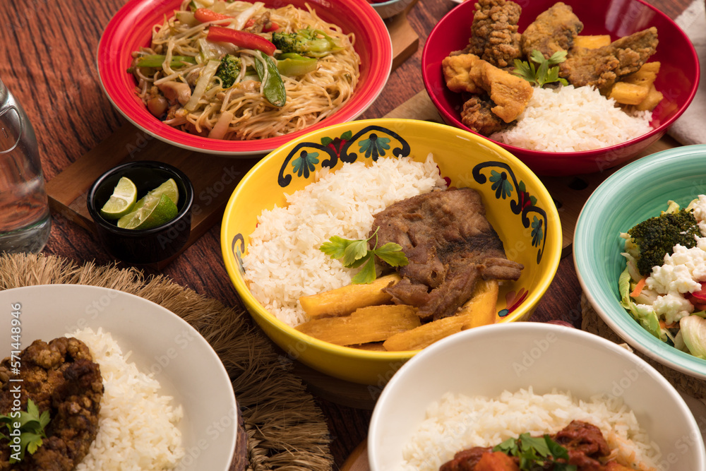 Assorted food plates Peru traditional comfort food buffet table Assorted food plates Peru traditional comfort food buffet table