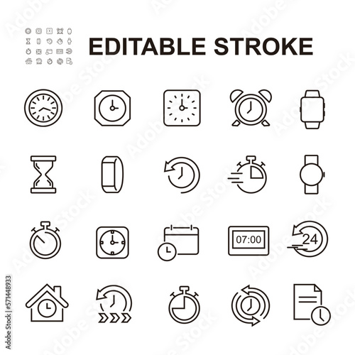 Simple Set of Time Related Vector Line Icons. Contains such Icons as Timer, Speed, Alarm, Time Management, Calendar and more. Editable Stroke.