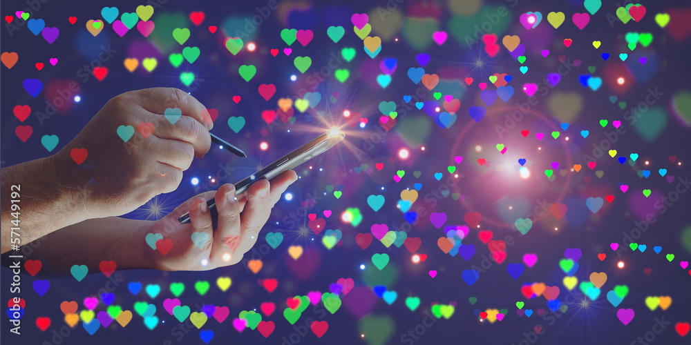 hand using stylus pen send greeting message on Valentine day against ...