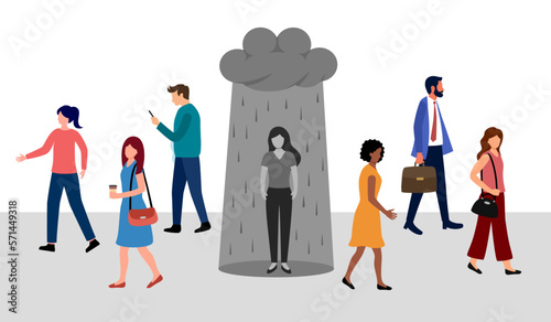 Sad woman feel lonely in crowd in flat design. Unhappy unique person. Loneliness in crowd.