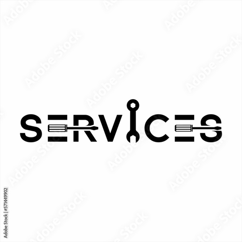 Services word design with screwdriver and wrench. Mechanic logo.