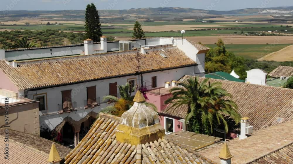 Hacienda El Rosalejo at Villamartin in Andalusia, Spain. Aerial orbiting 