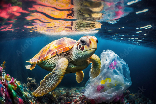 Turtle With Plastic Bags, The Tragic Consequences of Plastic Pollution - Threat to Ocean Life and Coral Reef Ecosystems With Generative AI