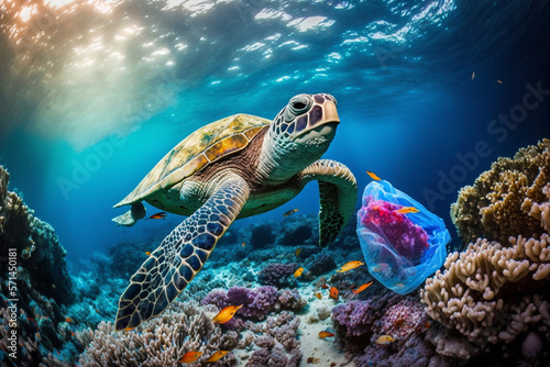 Turtle With Plastic Bags, The Tragic Consequences of Plastic Pollution - Threat to Ocean Life and Coral Reef Ecosystems With Generative AI
