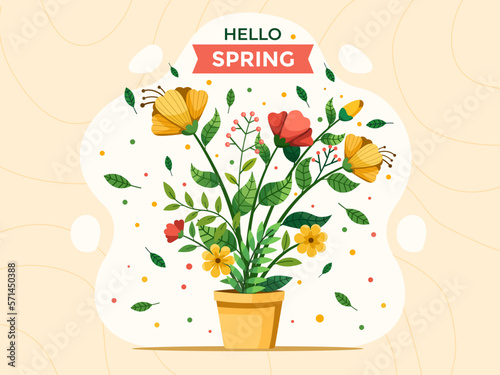 Hello Spring, With Illustration of a Flower blooming and greenery in a Pot.
The beauty of the spring season is depicted through the design of blooming flowers and lush green plants in pots.