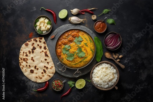 Assorted traditional Indian food on a dark stone background. Frame Indian dish Chicken tikka masala, palak paneer, saffron rice, lentil soup, pita bread and spices. Top view, flat lay,copy space photo