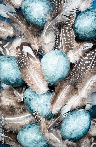 Easter blue eggs with colorful bird feathers on blue background, top view