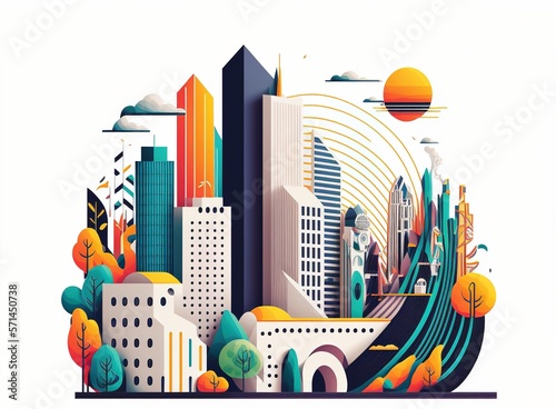 abstract city background made with generative ai, vector style, flat, illustration, cartoon, line, futuristic