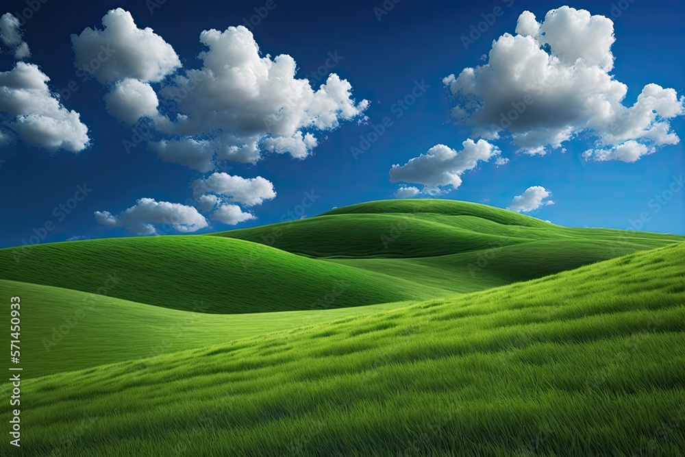Rolling Green Hills with Blue Sky Puffy Clouds Serene Calm Happy Bliss Blissful Background Wallpaper Windows into Happy Countryside, Calm Relaxing, Cheer Comfort Summer Spring Peaceful