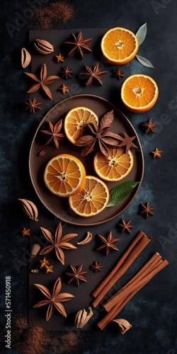 Composition of dry oranges, cinnamon sticks and star anise. Christmas composition. Generative AI © 2rogan
