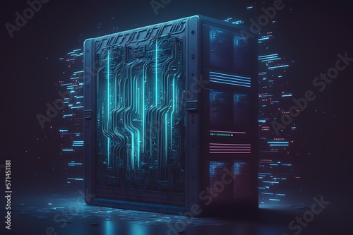 Powerful cloud server for data storage. Computing server. Future technologies. Futuristic illustration. Generative art. Cyber style.