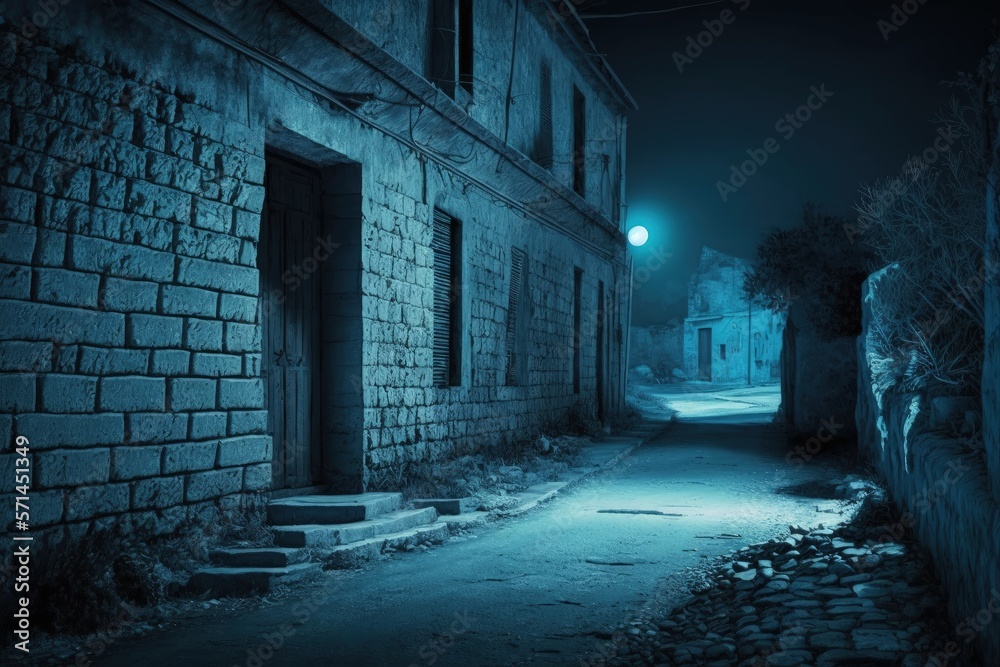 Imaginary street scene Moonlight blue neon, pitch black old roadway at night. concrete, limestone, and a stone wall. A deserted street at night. Old city streets at night are dark. Generative AI