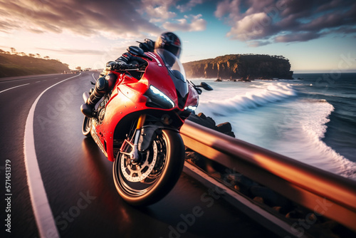 Photorealistic ai artwork of a red motorcycle, sports bike riding along the ocean road. Generative ai.