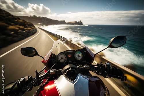 Photorealistic ai artwork of a red sportsbike riding along the ocean or coastal road. Generative ai.