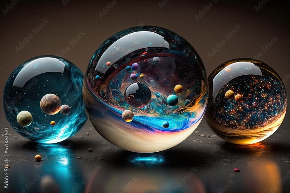Shiny reflective marble with the cosmos. Sun, stars, planets and galaxies inside a glass globe orb bowling ball. Light mirror sphere in space.