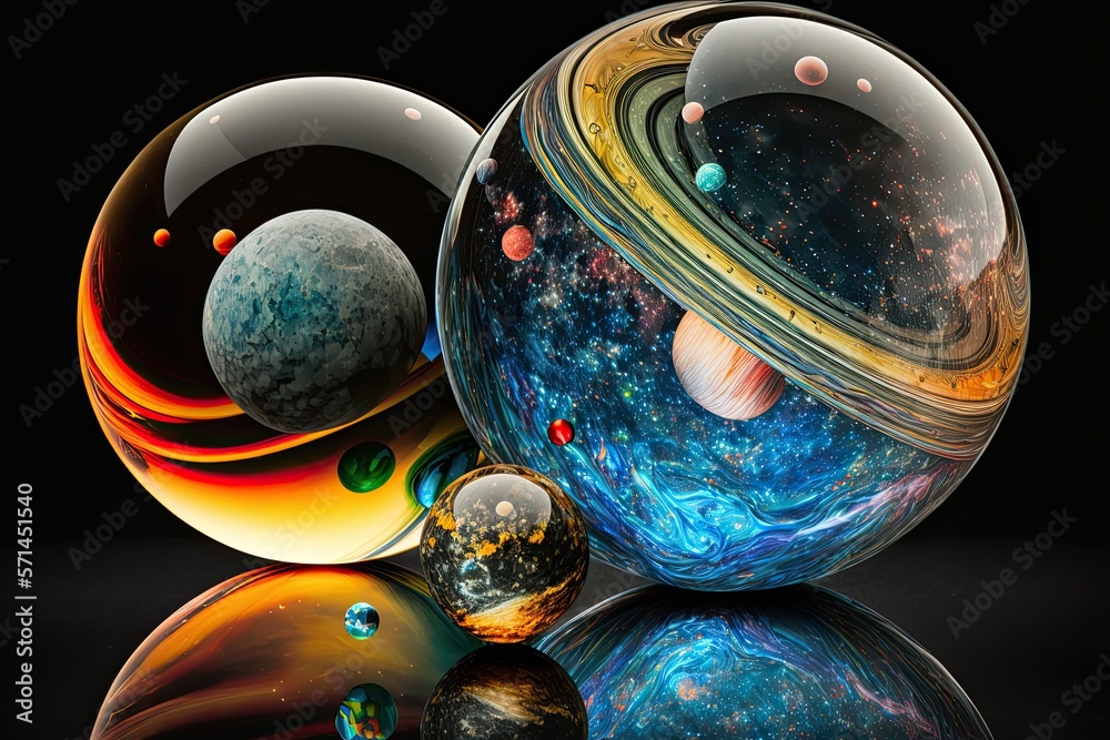 Shiny reflective marble with the cosmos. Sun, stars, and