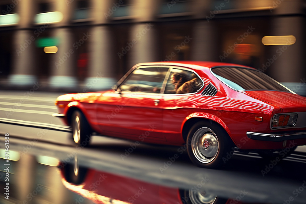 Photorealistic ai artwork of a red classic car concept on wet and ...