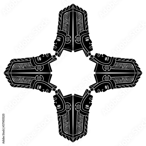 Square cross shape mandala or frame design with Native American sculptures. Stylized human head from Veracruz. Pre Columbian Mexican art. Totonac Indians. Black and white silhouette. photo