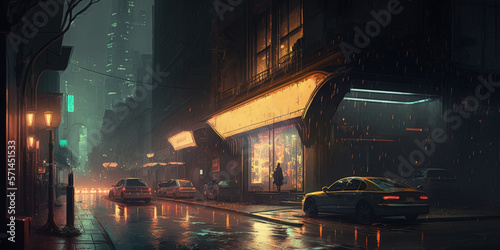 A modern metropolitan street at night. Illustration in the cyberpunk fashion. Generative AI