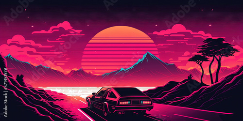 Background illustration Inspired by synthwave, retrowave, and the 80s scene. Generative AI photo