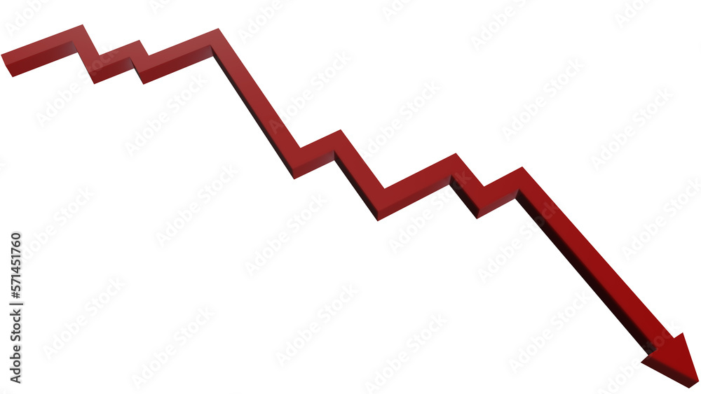 upward perspective red downtrend graph arrow 3D model isolated on transparent background png. upward perspective red downtrend graph arrow 3D model isolated on transparent background png.