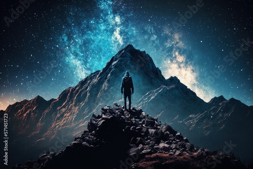 Traveler Man Silhouette Stand Top Mountain.Panorama blue night sky milky way and star on dark background.Universe filled with stars, nebula and galaxy with noise and grain. Generative AI