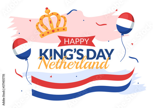 Happy Kings Netherlands Day Illustration with Waving Flags and King Celebration for Web Banner or Landing Page in Flat Cartoon Hand Drawn Templates