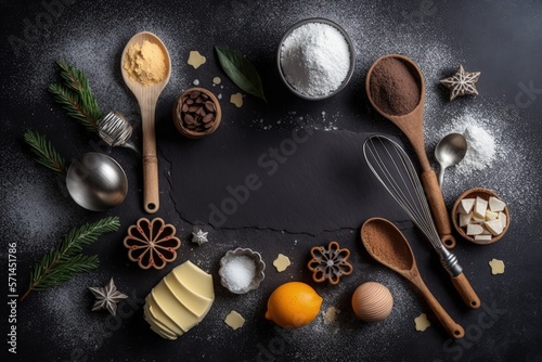 Baking for Christmas background Cooking and baking ingredients for Christmas on a dark stone background. copy space in the top view. Generative AI