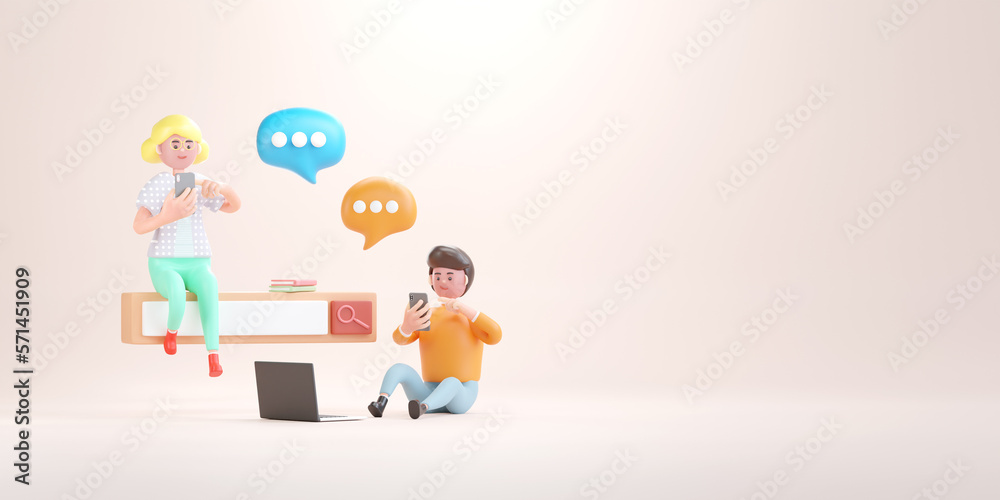 Cartoon character woman and man searching data on smartphone. social media concept, 3d illustration Cartoon character woman and man searching data on smartphone. social media concept, 3d illustration
