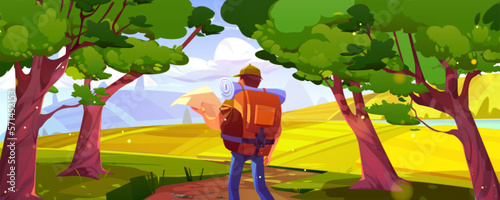 Man tourist on road on hills with agriculture fields, river and trees. Summer landscape of farmland, countryside panorama with hiker with backpack and map, vector cartoon illustration