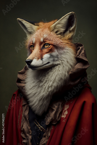 red fox portrait wearing a red coat